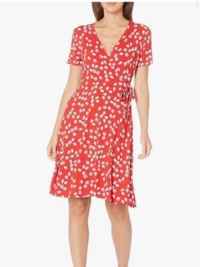 Red & White Floral Faux wrap dress Short Sleeve V-Neck